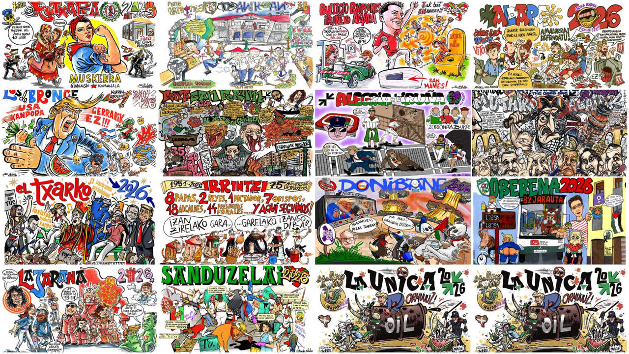 Pancartas de las pe&ntilde;as de de Pamplona para los Sanfermines de 2026.