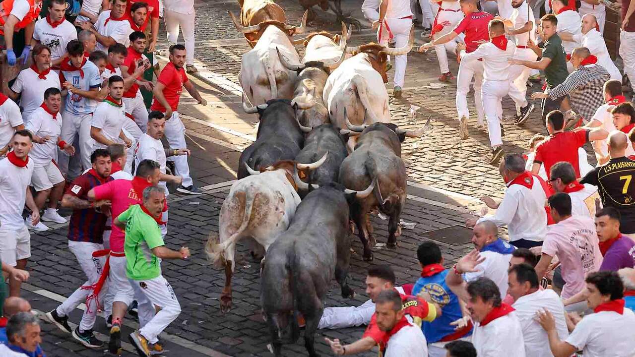 Los toros de la ganader&iacute;a de Jos&eacute; Escolar Gil a su paso por la Plaza Consistorial entrada a Mercaderes durante el quinto encierro de los Sanfermines 2026 con este s&aacute;bado en Pamplona. EFE/Villar L&oacute;pez