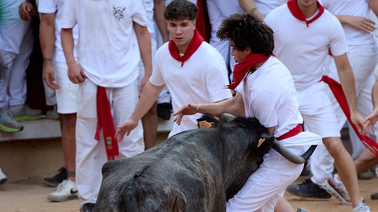 Suelta de vaquillas en la Plaza de Toros de Pamplona tras el quinto de San Ferm&iacute;n 2026. I&Ntilde;IGO ALZUGARAY